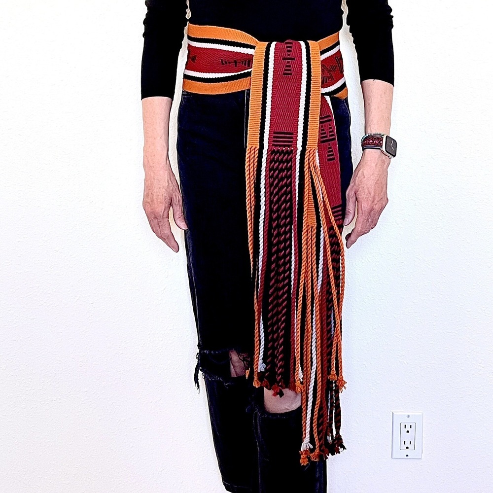Vintage Navajo Woven Sash Belt 92" x 5" Wool 1960s Ceremonial Fringe Hand Loom - Picture 2 of 4